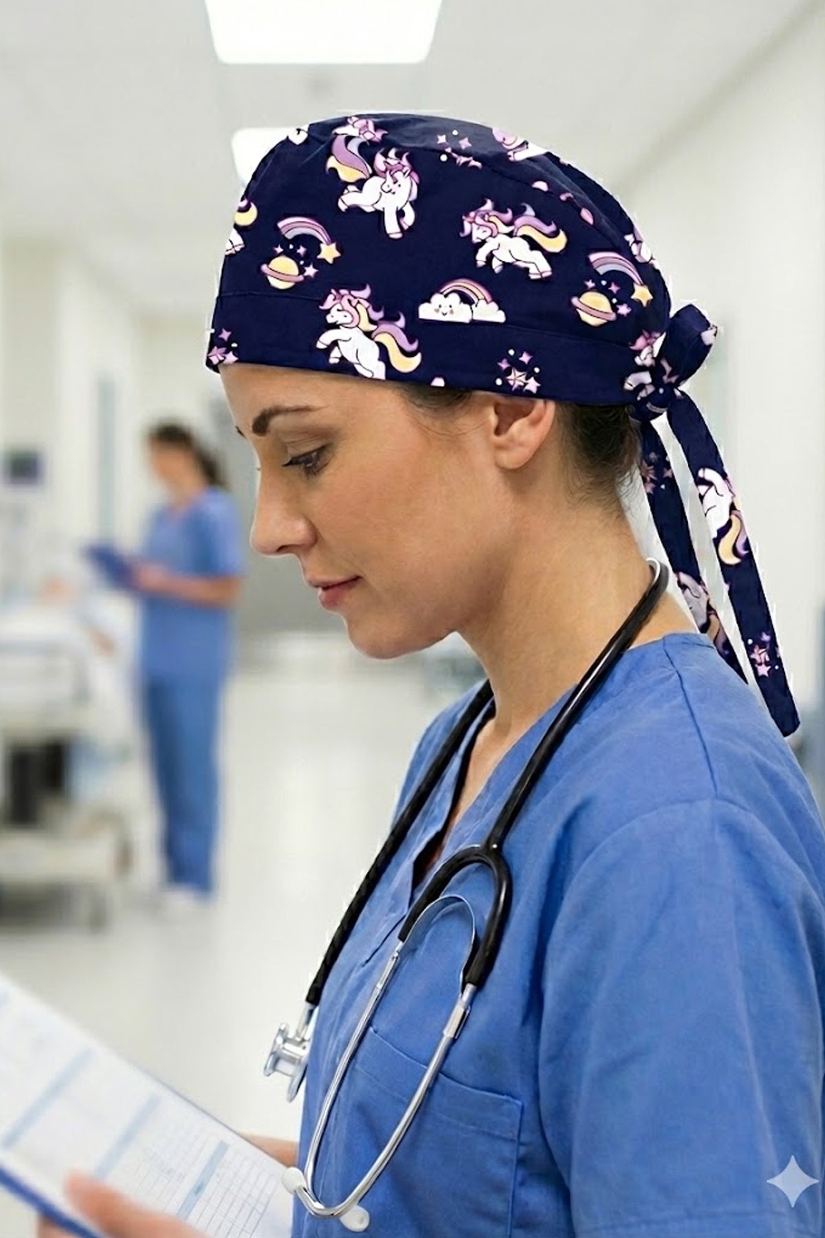 Unicorn Lacivert Desenli Cerrahi Bone Unisex – Likralı Doktor Hemşire Bonesi - Unicorn Lacivert