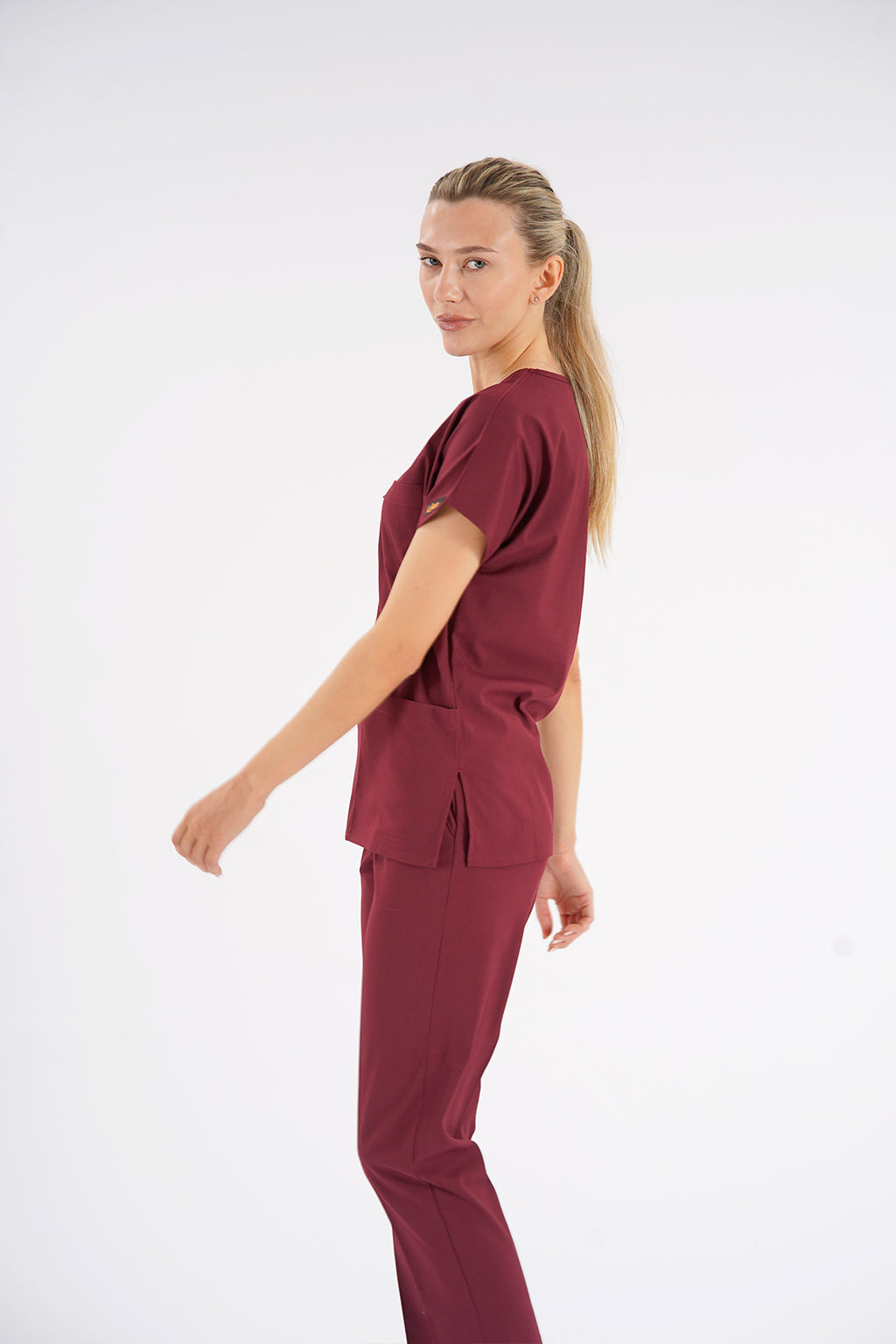 Bordo Dr. Greys Modeli Likralı Hemşire Forması Unisex Yarasa Kol Doktor Scrubs Hastane Takımı