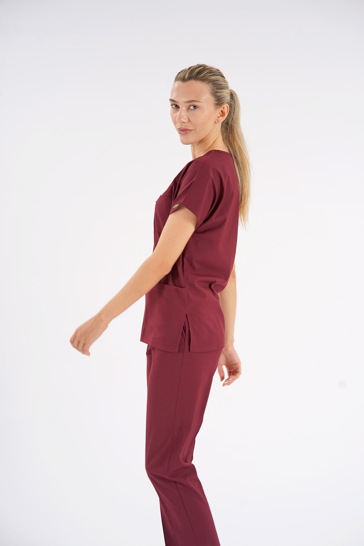 Bordo Dr. Greys Modeli Likralı Hemşire Forması Unisex Yarasa Kol Doktor Scrubs Hastane Takımı