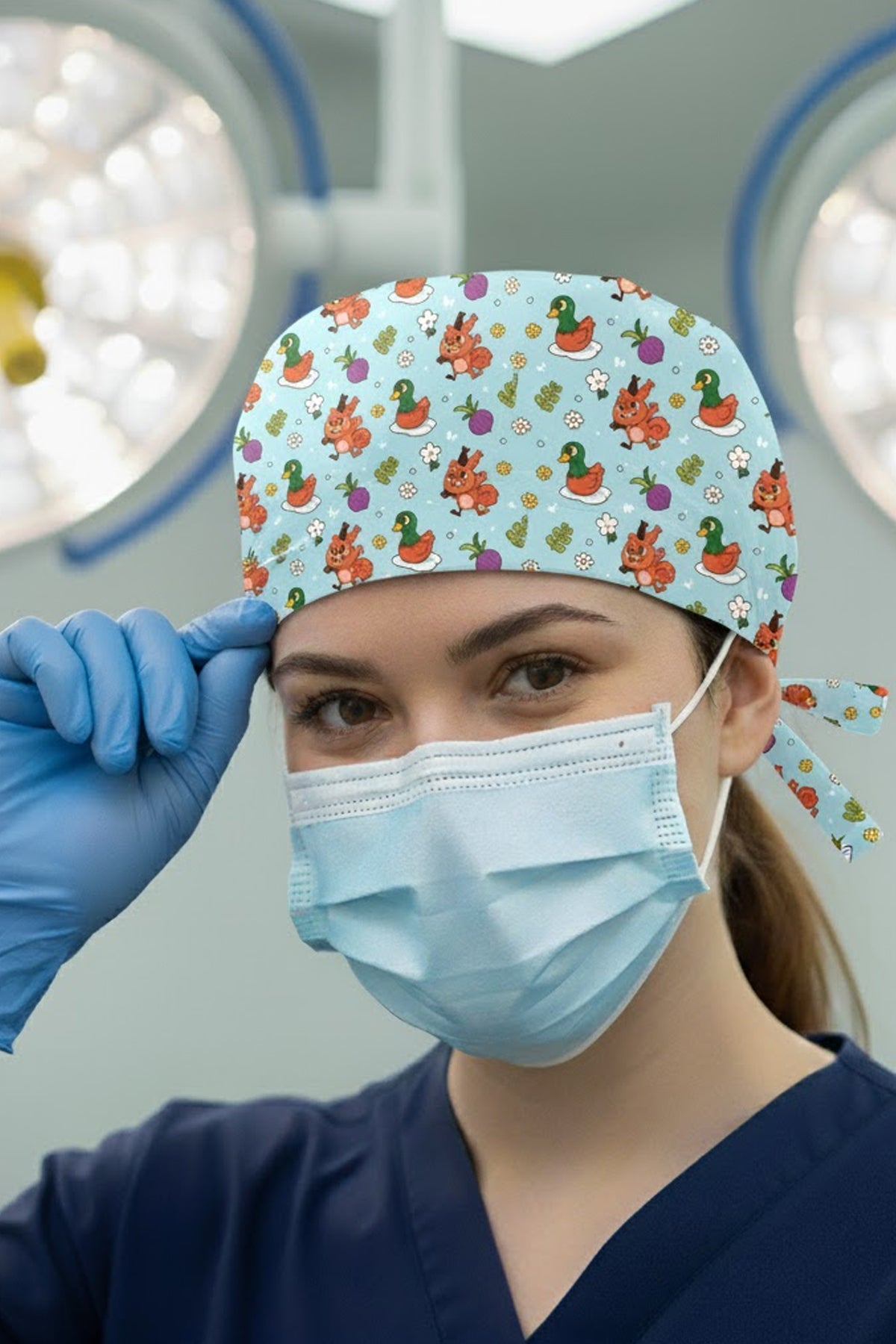 Ördek Sincap Desenli Cerrahi Bone Unisex – Likralı Doktor Hemşire Bonesi - Ördek Sincap