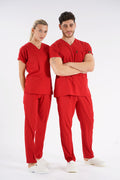 Kırmızı Dr. Greys Modeli Likralı Hemşire Forması Unisex Yarasa Kol Doktor Scrubs Hastane Takımı