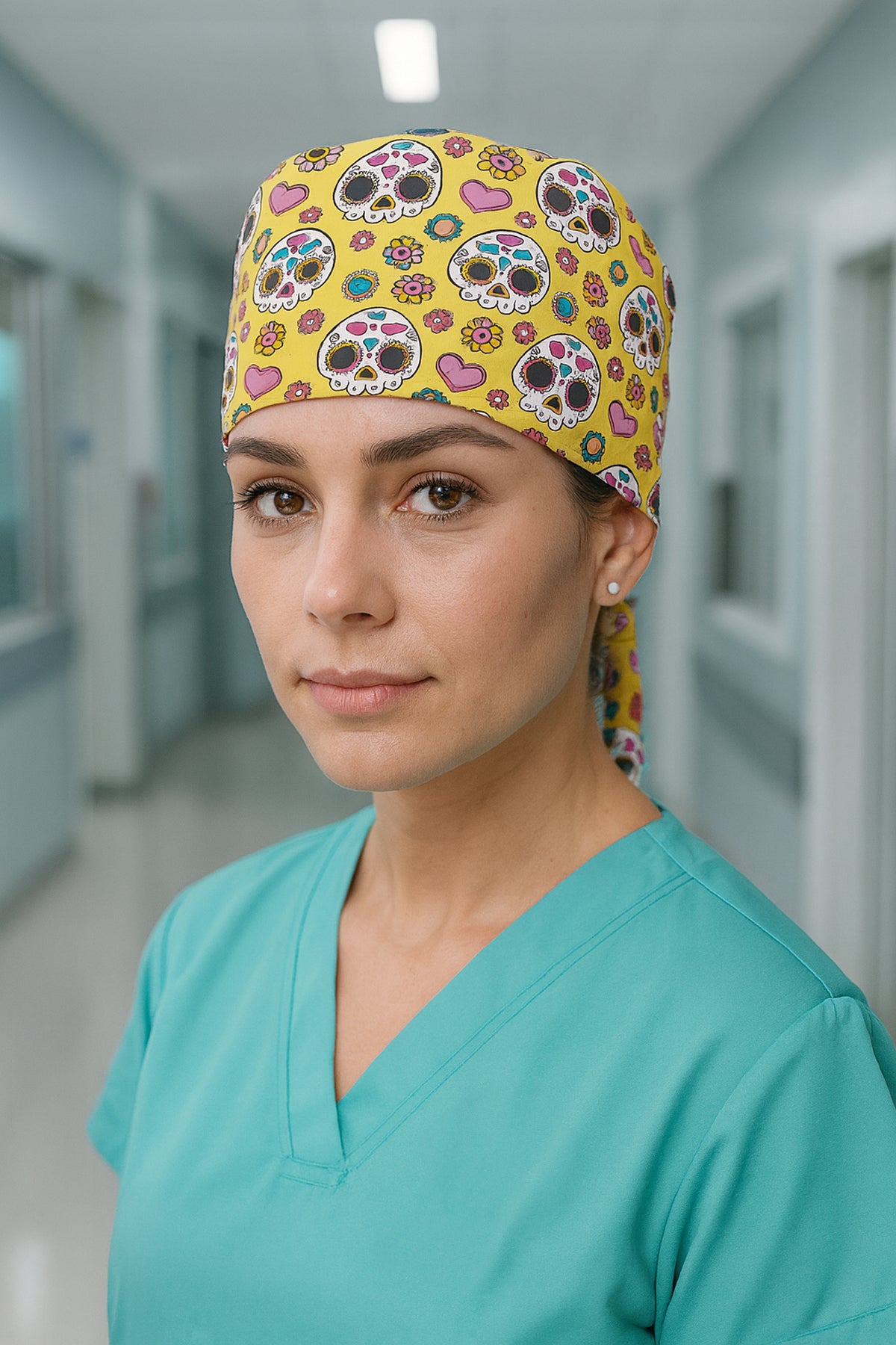 Renkli Kurukafa Desenli Cerrahi Bone Unisex – Likralı Doktor Hemşire Bonesi - Renkli Kurukafa