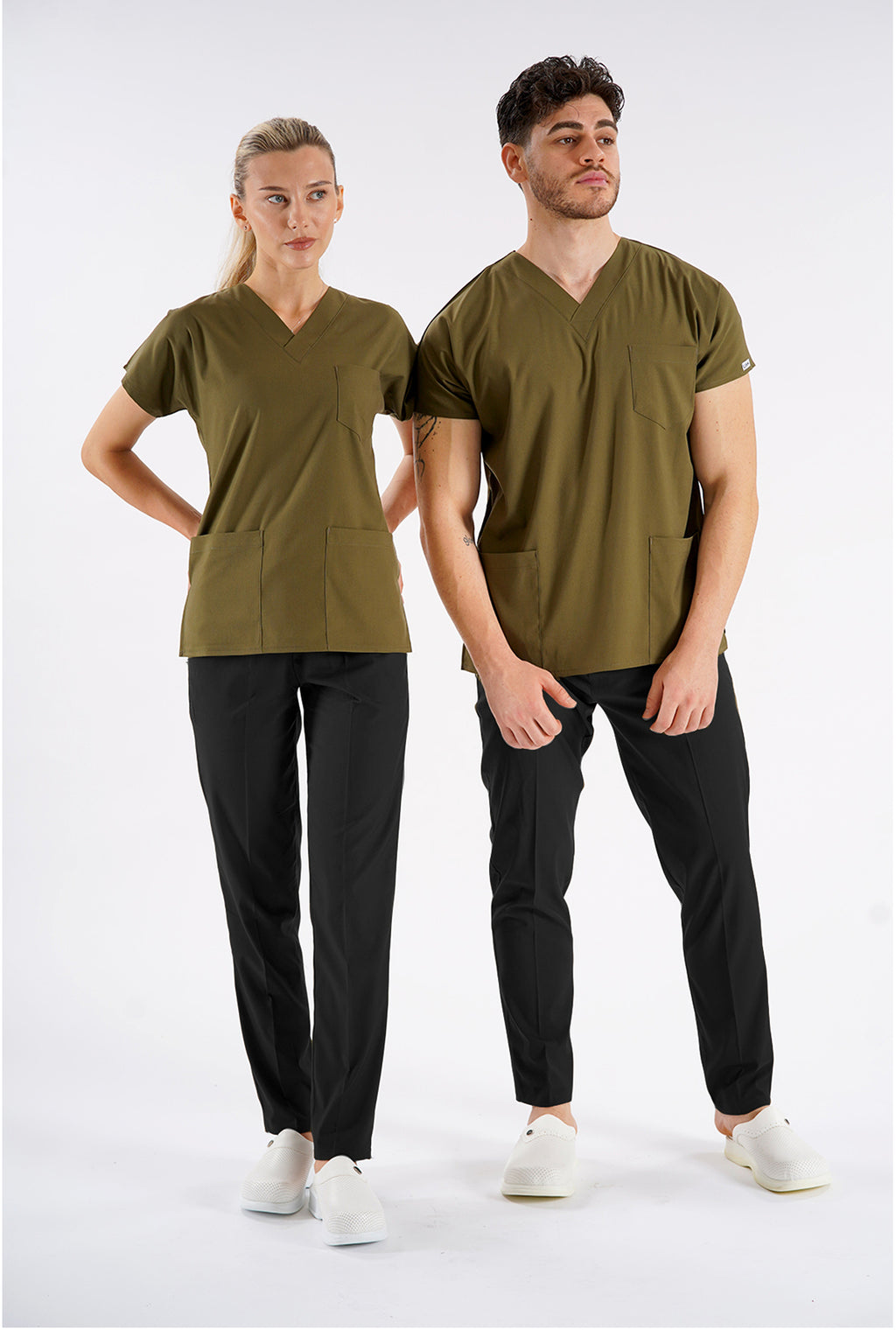 Haki Dr.Greys Modeli Likralı Hemşire Doktor Forması Scrubs Tek Üst Unisex Yarasa Kol