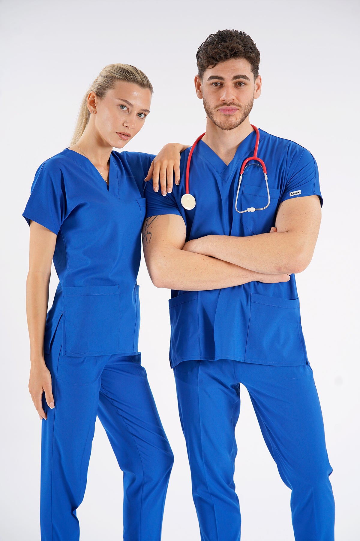 Saks Mavisi Dr. Greys Modeli Likralı Hemşire Forması Unisex Yarasa Kol Doktor Scrubs Hastane Takımı