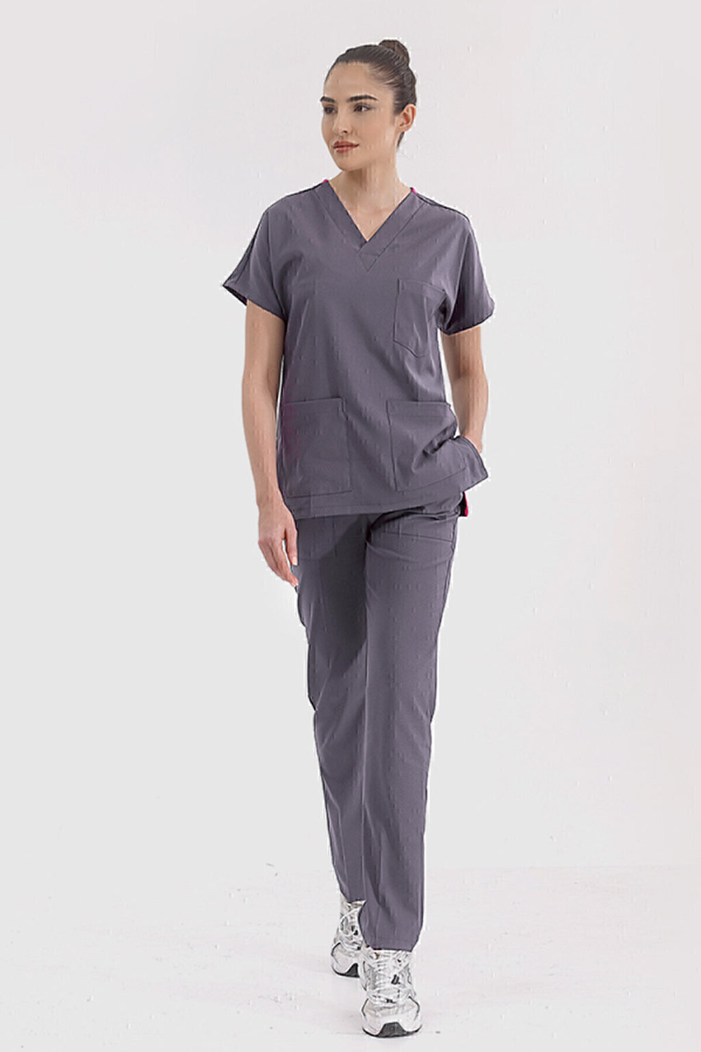 Kurşuni Gri Lüks Likralı Greys Alt Üst Takım Doktor Hemşire Scrubs Üniforma