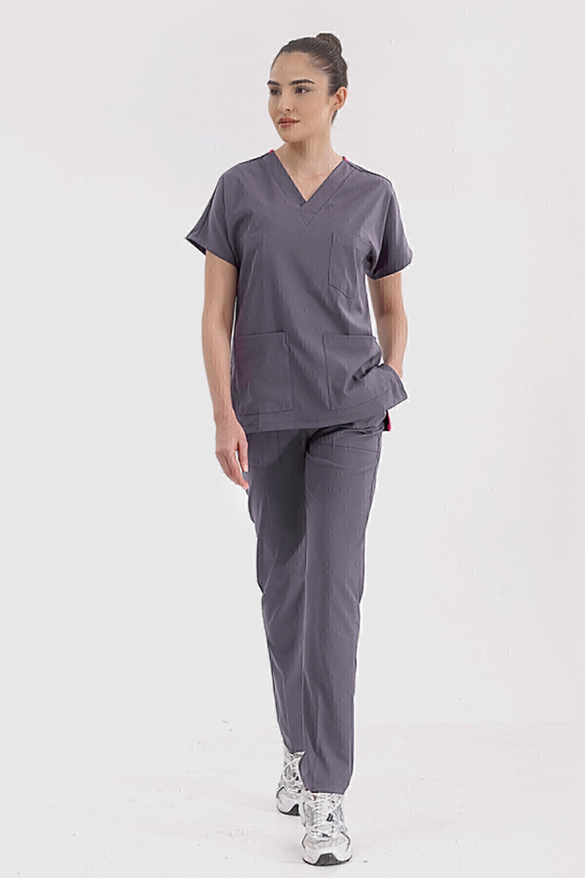 Kurşuni Gri Lüks Likralı Greys Alt Üst Takım Doktor Hemşire Scrubs Üniforma
