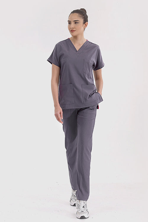 Kurşuni Gri Lüks Likralı Greys Alt Üst Takım Doktor Hemşire Scrubs Üniforma
