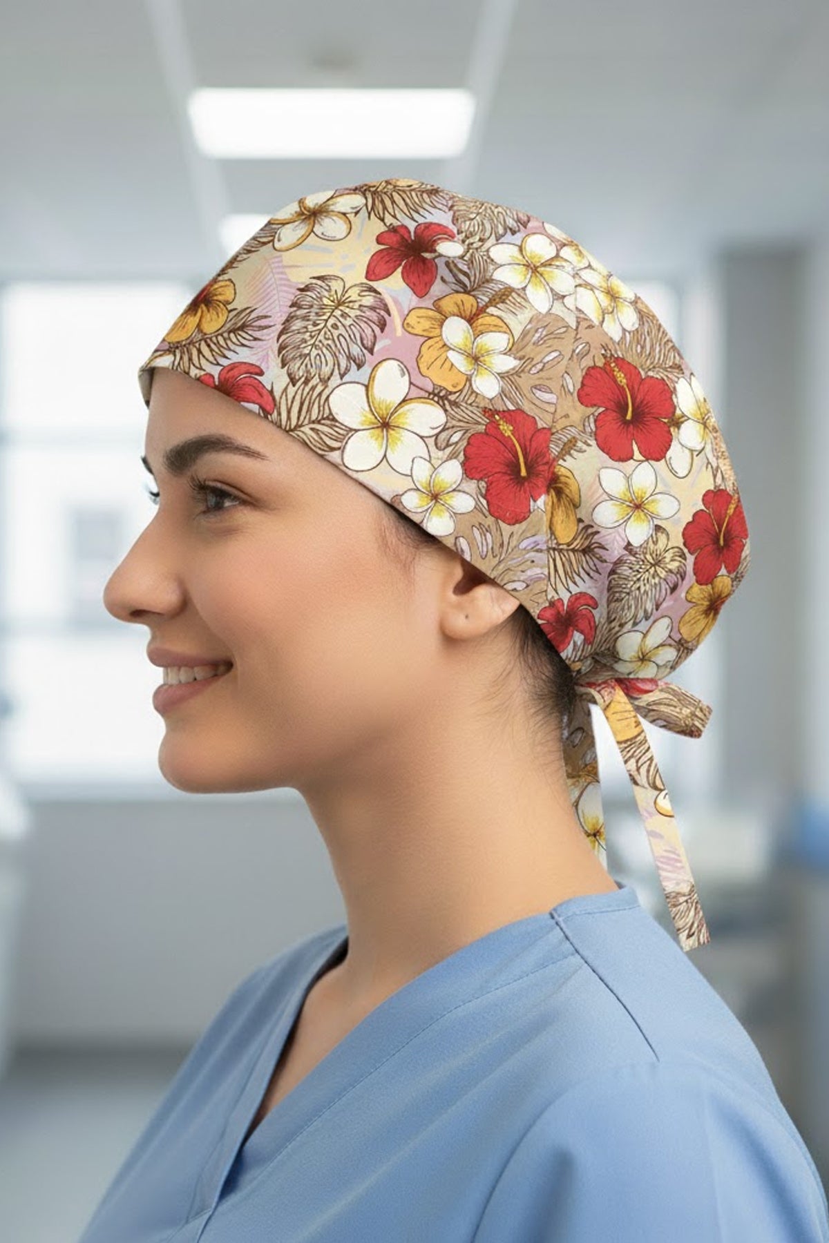 Çiçek Yaprak Fuşya Desenli Cerrahi Bone Unisex – Likralı Doktor Hemşire Bonesi - Çiçek Yaprak Fuşya