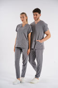 Gri Dr. Greys Modeli Likralı Hemşire Forması Unisex Yarasa Kol Doktor Scrubs Hastane Takımı