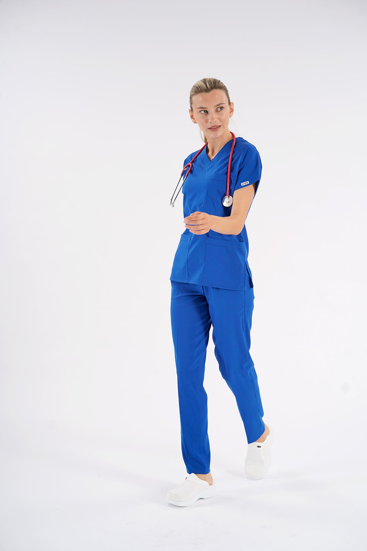 Saks Mavisi Dr. Greys Modeli Likralı Hemşire Forması Unisex Yarasa Kol Doktor Scrubs Hastane Takımı