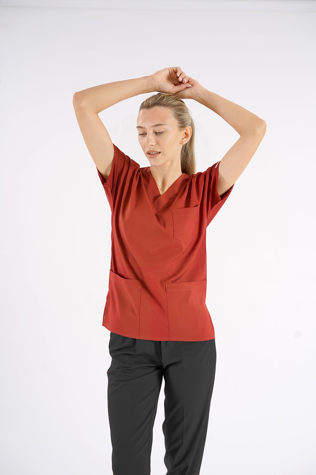 Kiremit Dr.Greys Modeli Likralı Hemşire Doktor Forması Scrubs Tek Üst Unisex Yarasa Kol