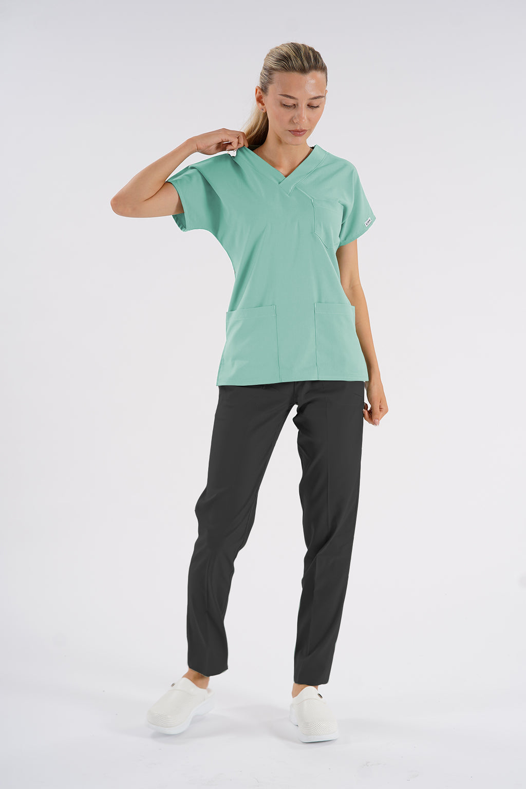 Buz Yeşili Dr.Greys Modeli Soft Likralı Hemşire Doktor Forması Scrubs Tek Üst Unisex Yarasa Kol