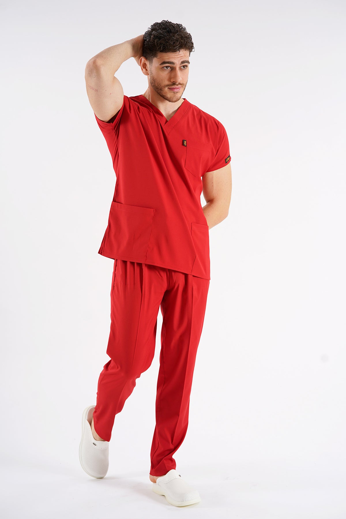 Kırmızı Dr. Greys Modeli Likralı Hemşire Forması Unisex Yarasa Kol Doktor Scrubs Hastane Takımı