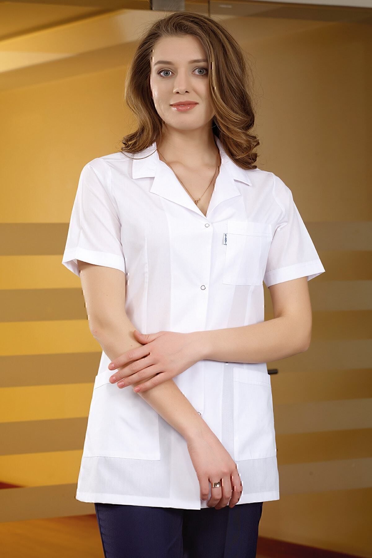 Kadın Kısa Kol Kısa Klasik Yaka Önlük Hemşire Eczacı Öğretmen Doktor - Alpaka Kumaş