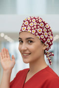 Bordo Papatya Desenli Cerrahi Bone Unisex – Likralı Doktor Hemşire Bonesi - Bordo Papatya