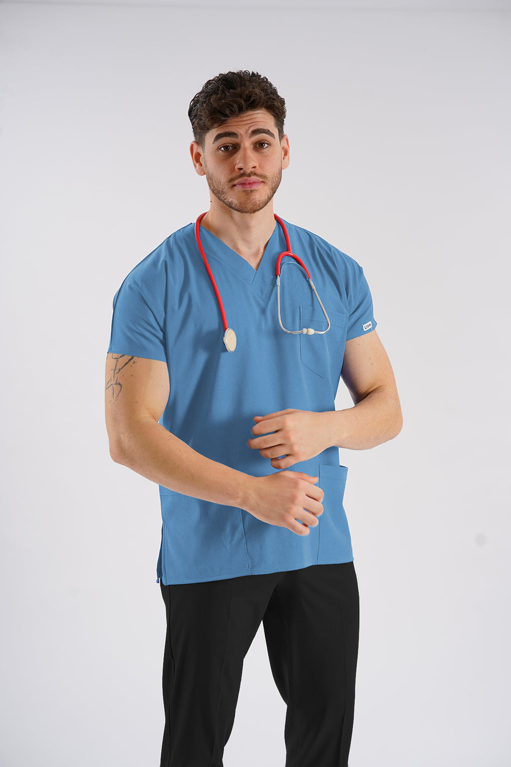 Bebe Mavisi Dr.Greys Modeli Soft Likralı Hemşire Doktor Forması Scrubs Tek Üst Unisex Yarasa Kol