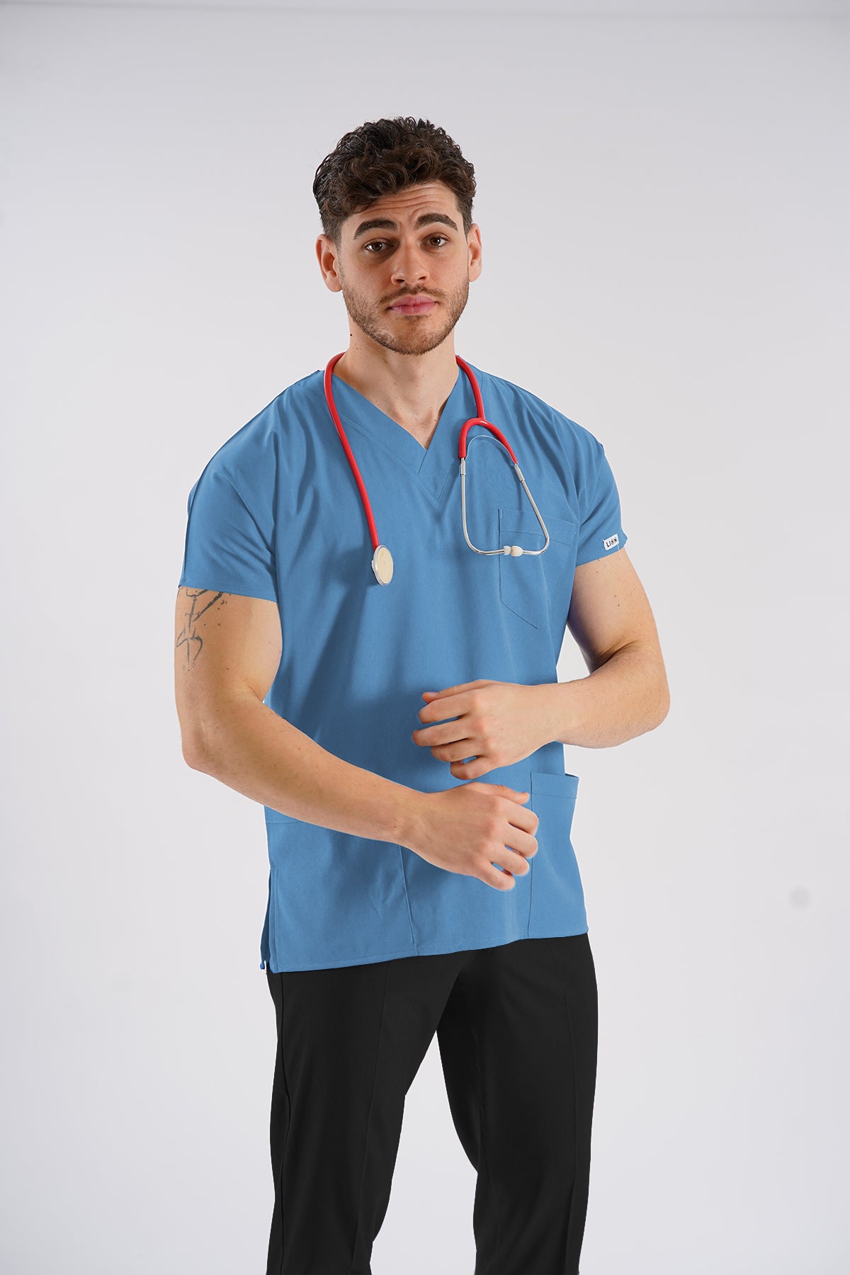 Bebe Mavisi Dr.Greys Modeli Soft Likralı Hemşire Doktor Forması Scrubs Tek Üst Unisex Yarasa Kol