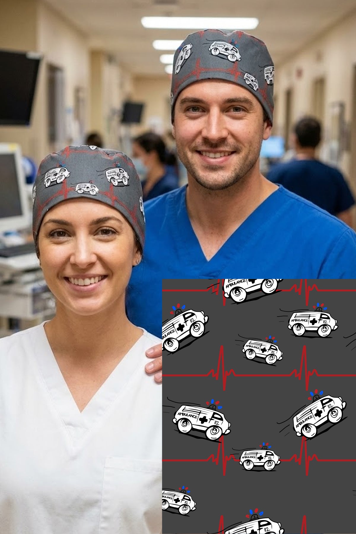 Ambulans Desenli Cerrahi Bone Unisex – Likralı Doktor Hemşire Bonesi - Ambulans