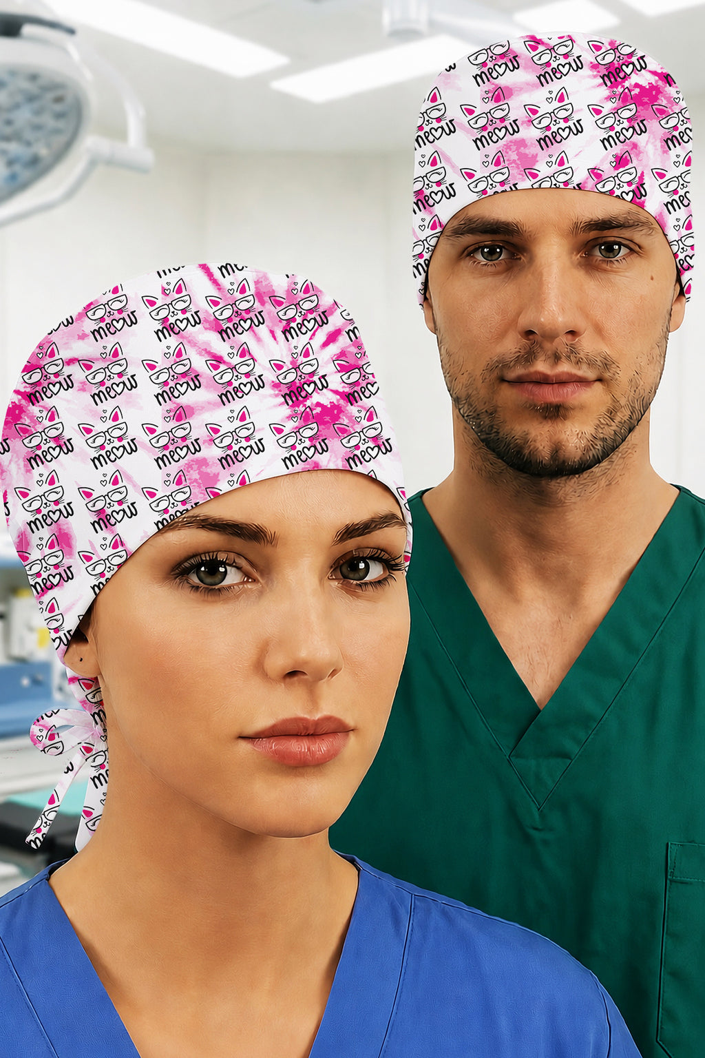 Miyav Pembe Desenli Unisex Cerrahi Bone Hemşire ve Doktor Bone - Miyav Pembe
