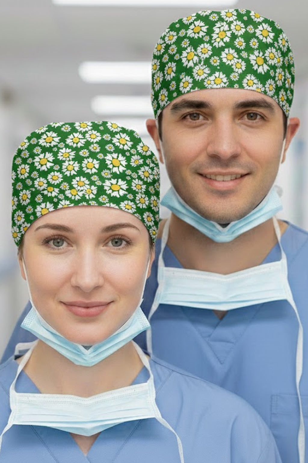 Yeşil Papatya Desenli Cerrahi Bone Unisex – Likralı Doktor Hemşire Bonesi - Yeşil Papatya
