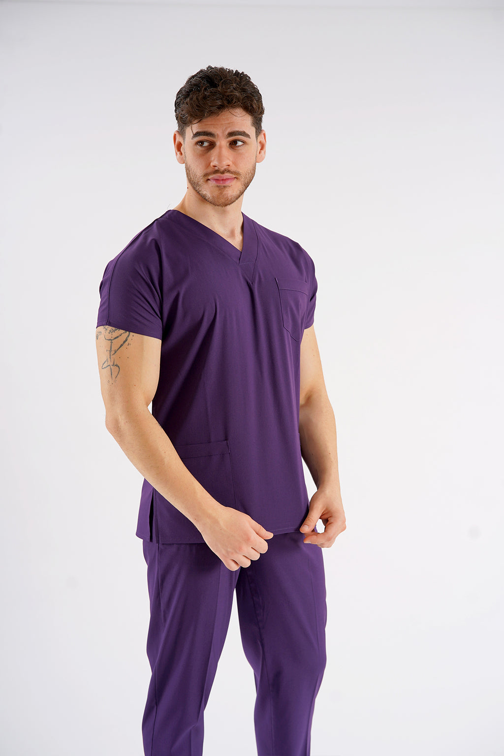 Mor Dr. Greys Modeli Likralı Hemşire Forması Unisex Yarasa Kol Doktor Scrubs Hastane Takımı