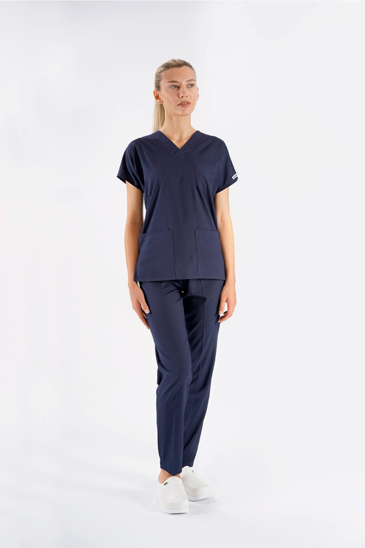 Lacivert Dr. Greys Modeli Likralı Hemşire Forması Unisex Yarasa Kol Doktor Scrubs Hastane Takımı