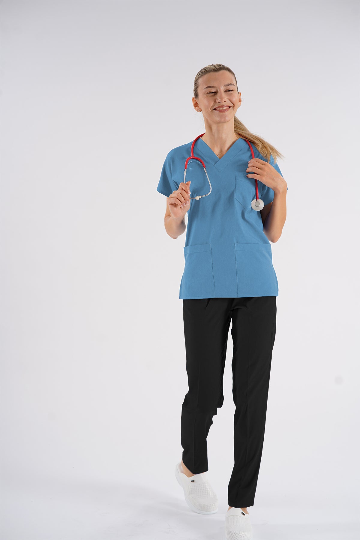 Bebe Mavisi Dr.Greys Modeli Soft Likralı Hemşire Doktor Forması Scrubs Tek Üst Unisex Yarasa Kol
