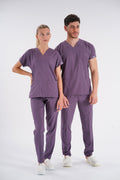 Açık Mürdüm Dr. Greys Modeli Likralı Hemşire Forması Unisex Yarasa Kol Doktor Scrubs Hastane Takımı