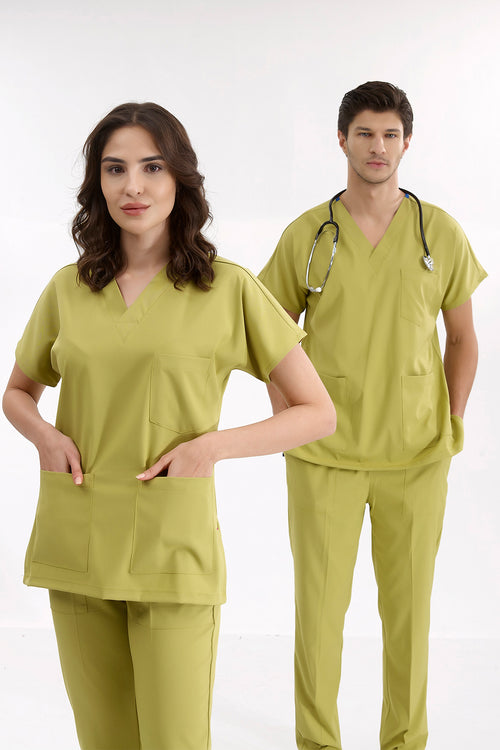 Antep Fıstığı Lüks Likralı Greys Alt Üst Takım Doktor Hemşire Scrubs Üniforma
