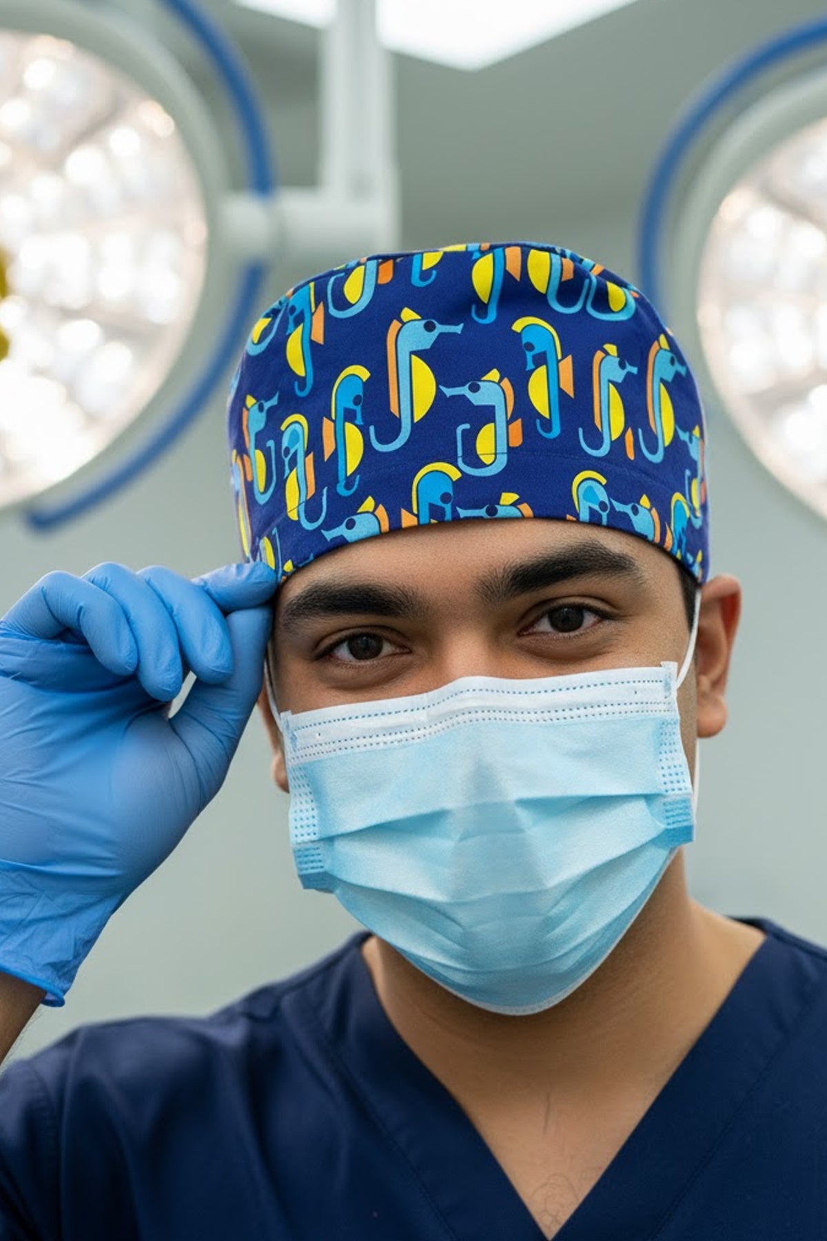 Deniz Atı Desenli Cerrahi Bone Unisex – Likralı Doktor Hemşire Bonesi - Deniz Atı