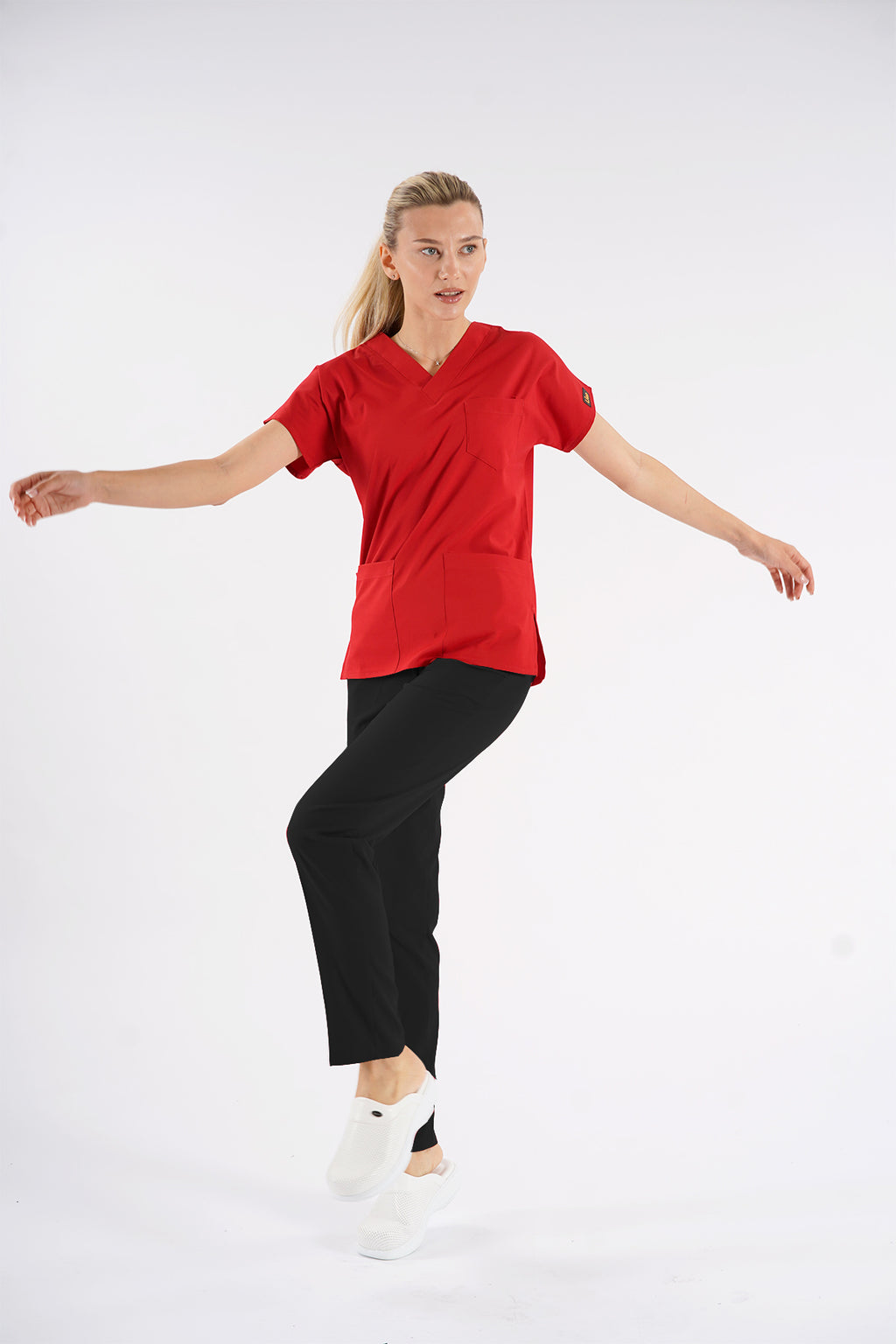 Kırmızı Dr.Greys Modeli Likralı Hemşire Doktor Forması Scrubs Tek Üst Unisex Yarasa Kol