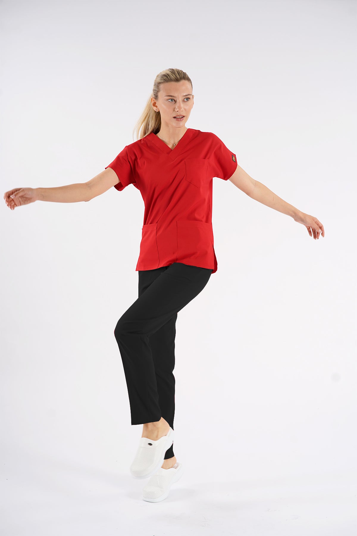 Kırmızı Dr.Greys Modeli Likralı Hemşire Doktor Forması Scrubs Tek Üst Unisex Yarasa Kol