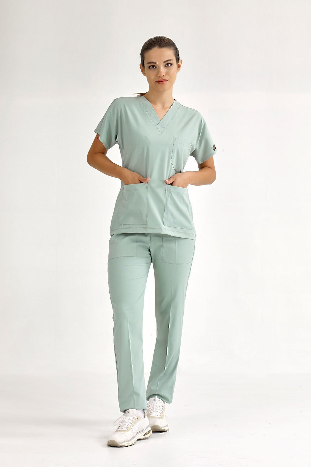 Mint Yeşili Lüks Likralı Üniforma Takımlar Yüksek Kaliteli Likralı Scrubs
