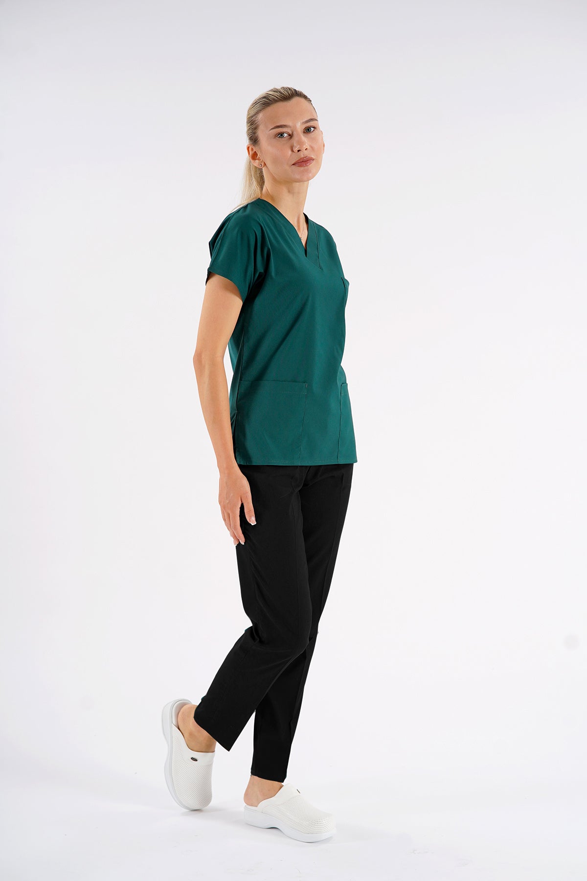 Avcı Yeşili Dr.Greys Modeli Likralı Hemşire Doktor Forması Scrubs Tek Üst Unisex Yarasa Kol