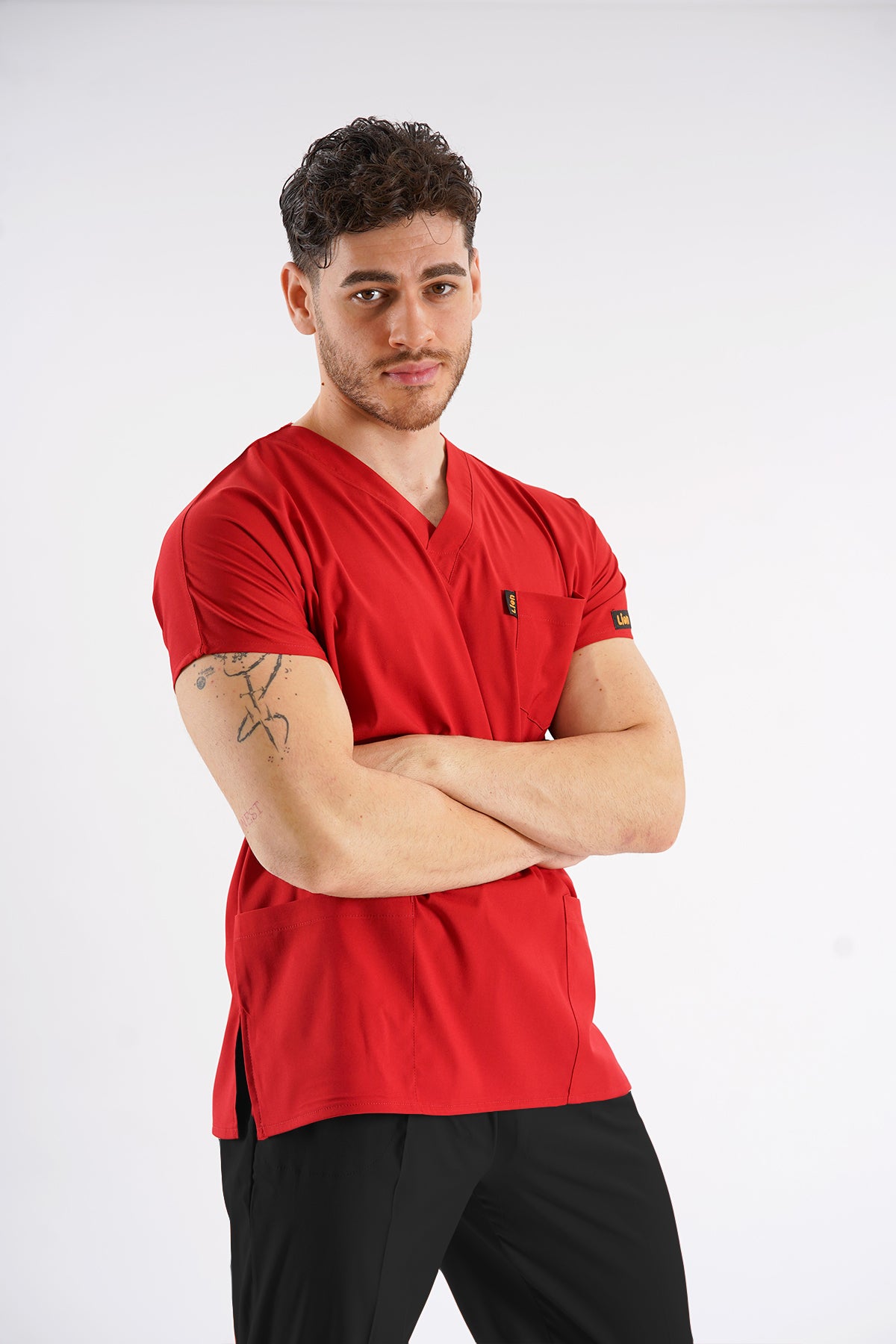 Kırmızı Dr.Greys Modeli Likralı Hemşire Doktor Forması Scrubs Tek Üst Unisex Yarasa Kol