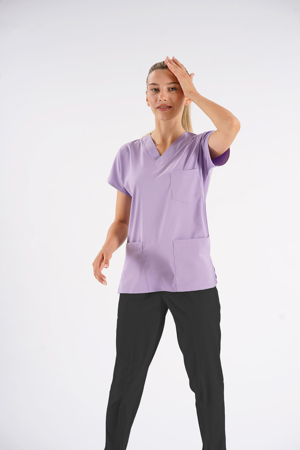 Lila Dr.Greys Modeli Likralı Hemşire Doktor Forması Scrubs Tek Üst Unisex Yarasa Kol