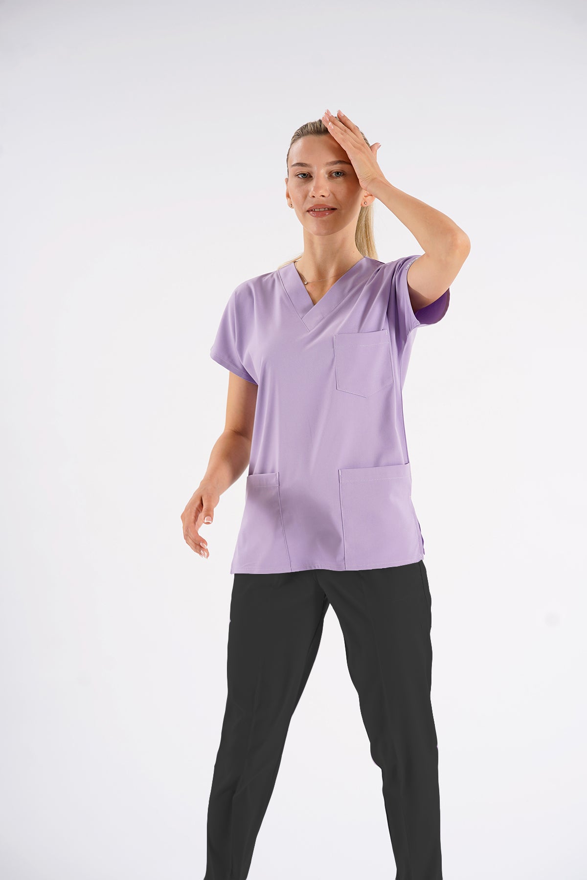 Lila Dr.Greys Modeli Likralı Hemşire Doktor Forması Scrubs Tek Üst Unisex Yarasa Kol