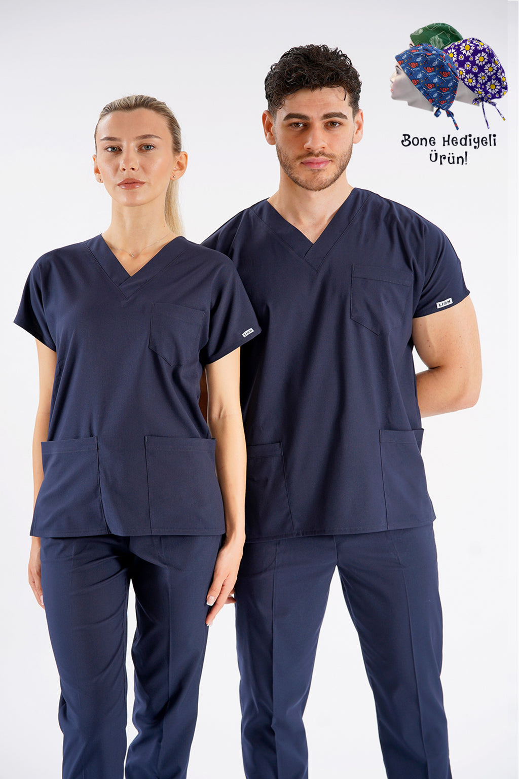 Lacivert Dr. Greys Modeli Likralı Hemşire Forması Unisex Yarasa Kol Doktor Scrubs Hastane Takımı