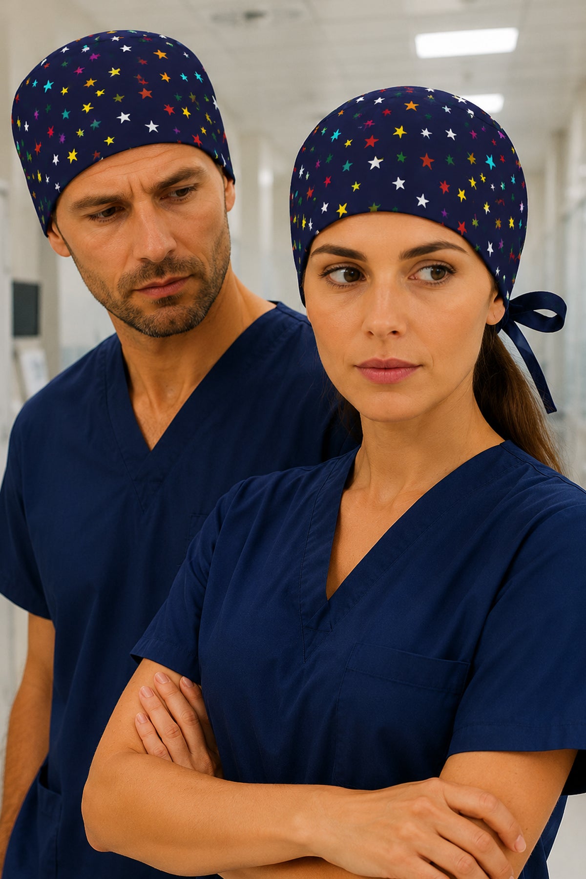Renkli Yıldızlar Desenli Unisex Cerrahi Bone Hemşire ve Doktor Bone - Çok Renkli