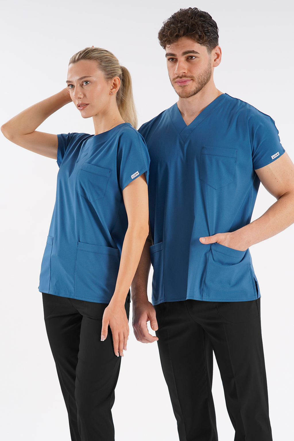 Fırtına Mavi Dr. Greys Modeli Likralı Hemşire Doktor Forması Scrubs Tek Üst Unisex Yarasa Kol