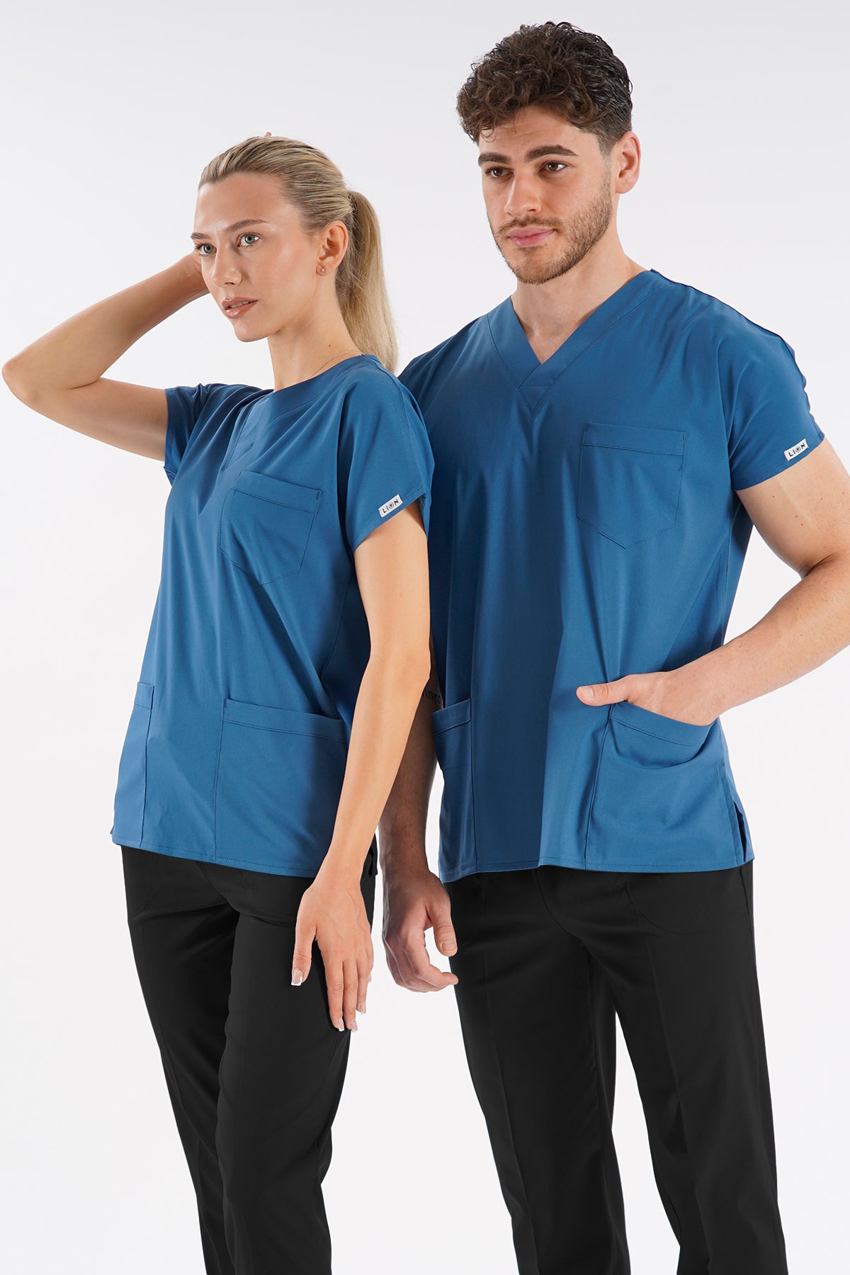 Fırtına Mavi Dr. Greys Modeli Likralı Hemşire Doktor Forması Scrubs Tek Üst Unisex Yarasa Kol