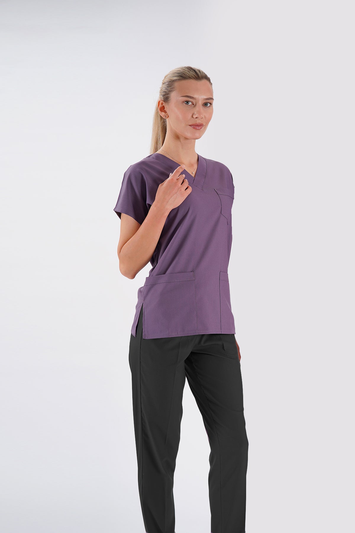 Açık Mürdüm Dr.Greys Modeli Likralı Hemşire Doktor Forması Scrubs Tek Üst Unisex Yarasa Kol