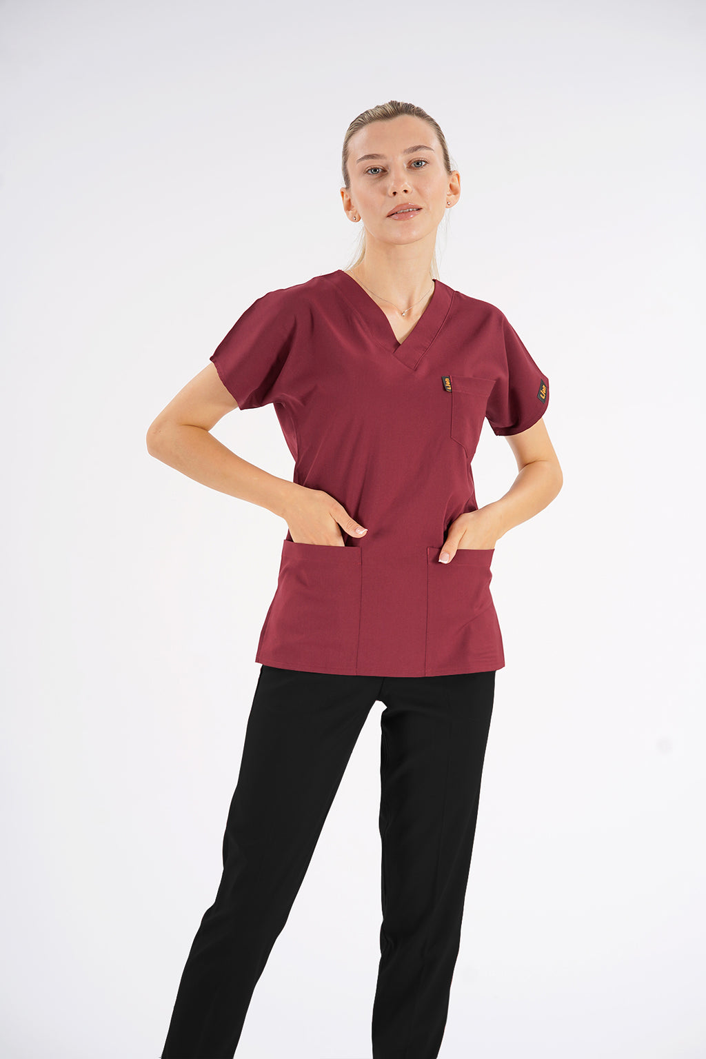 Bordo Dr.Greys Modeli Likralı Hemşire Doktor Forması Scrubs Tek Üst Unisex Yarasa Kol