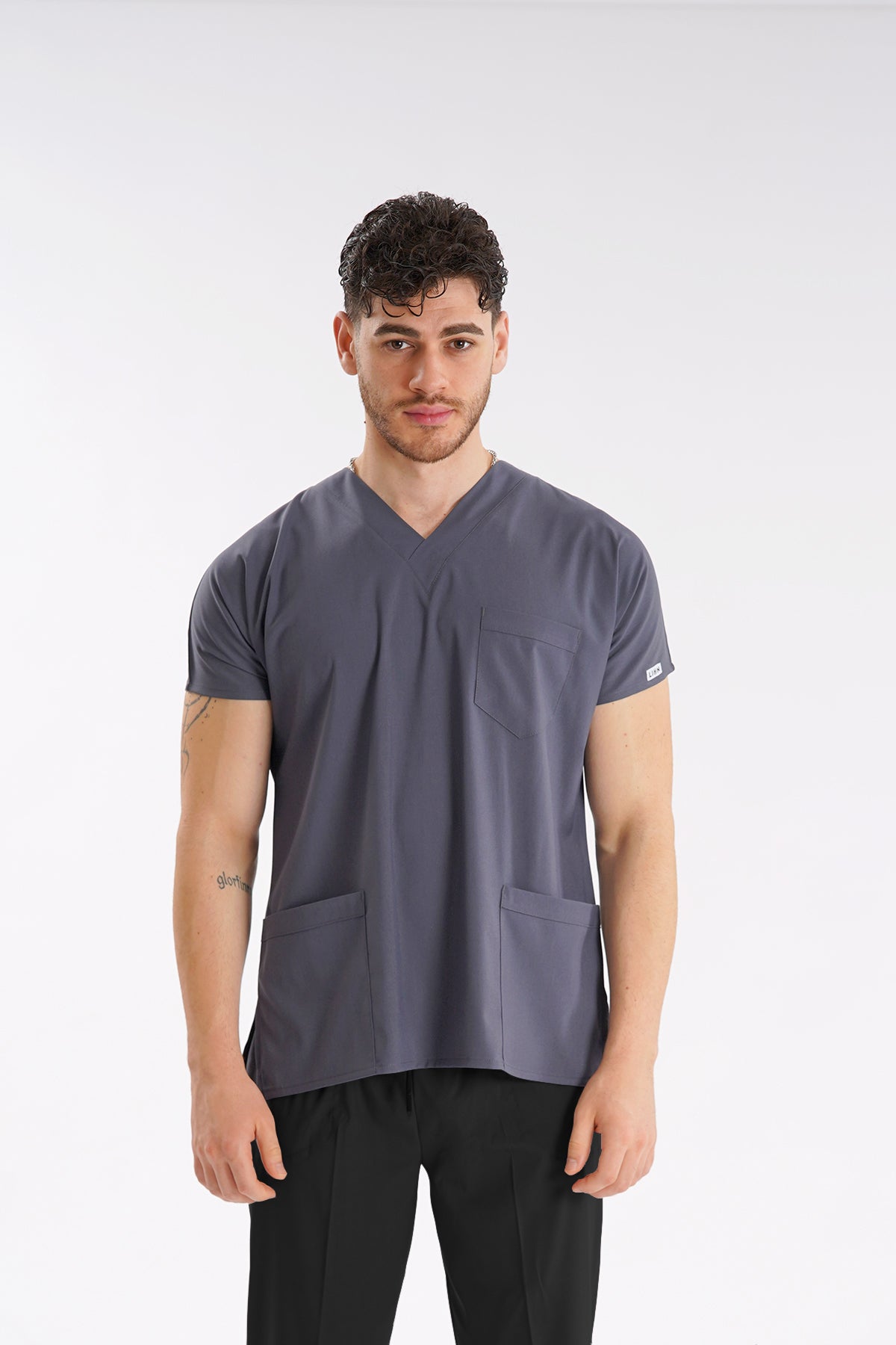Füme Dr.Greys Modeli Likralı Hemşire Doktor Forması Scrubs Tek Üst Unisex Yarasa Kol