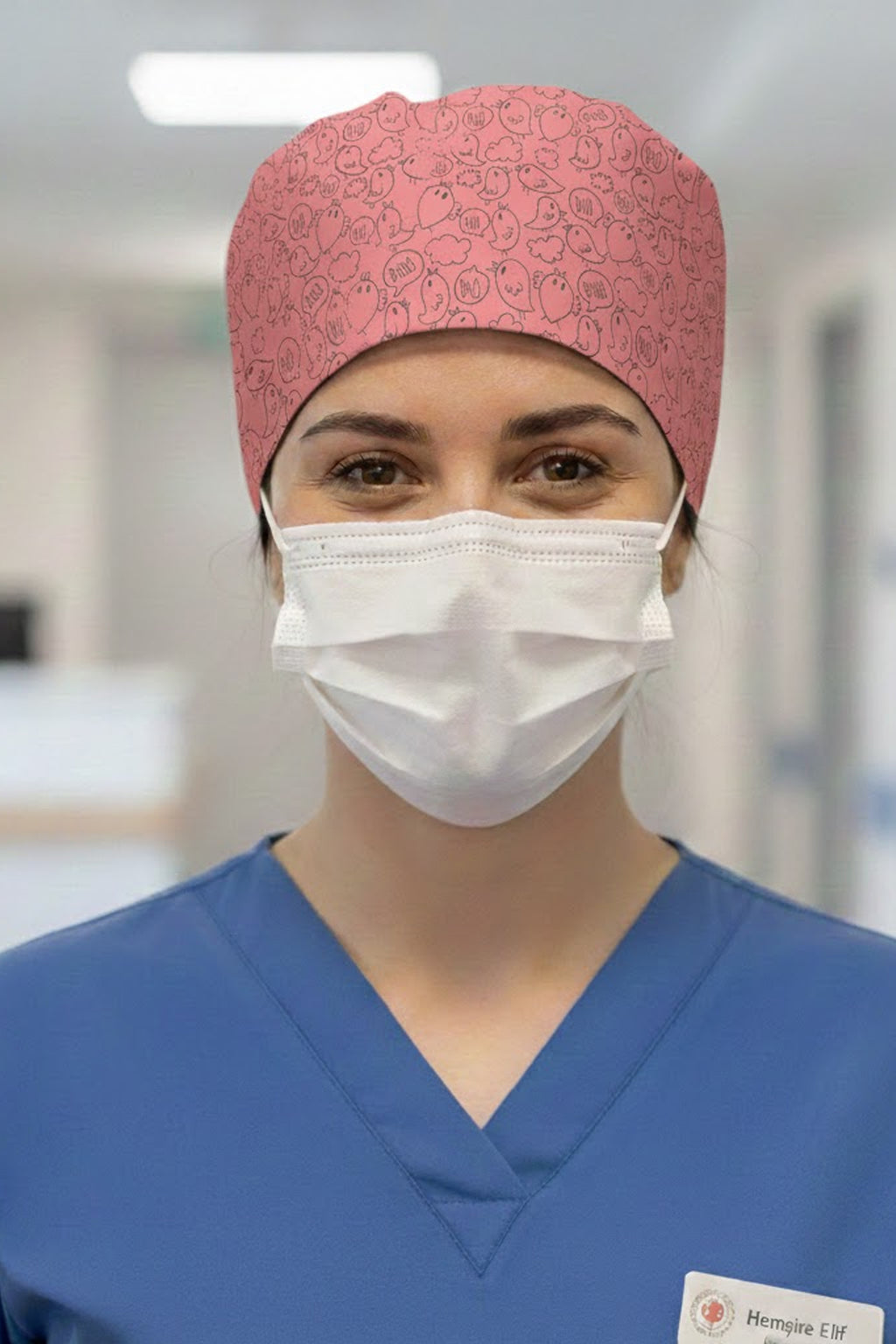 Kuş Pio Pembe Desenli Cerrahi Bone Unisex – Likralı Doktor Hemşire Bonesi - Kuş Pio Pembe