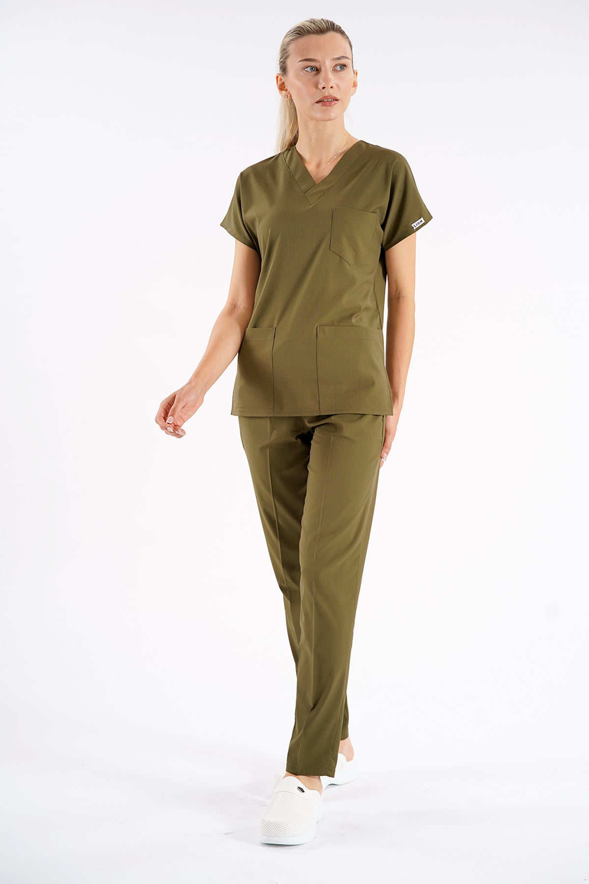 Haki Dr. Greys Modeli Likralı Hemşire Forması Unisex Yarasa Kol Doktor Scrubs Hastane Takımı
