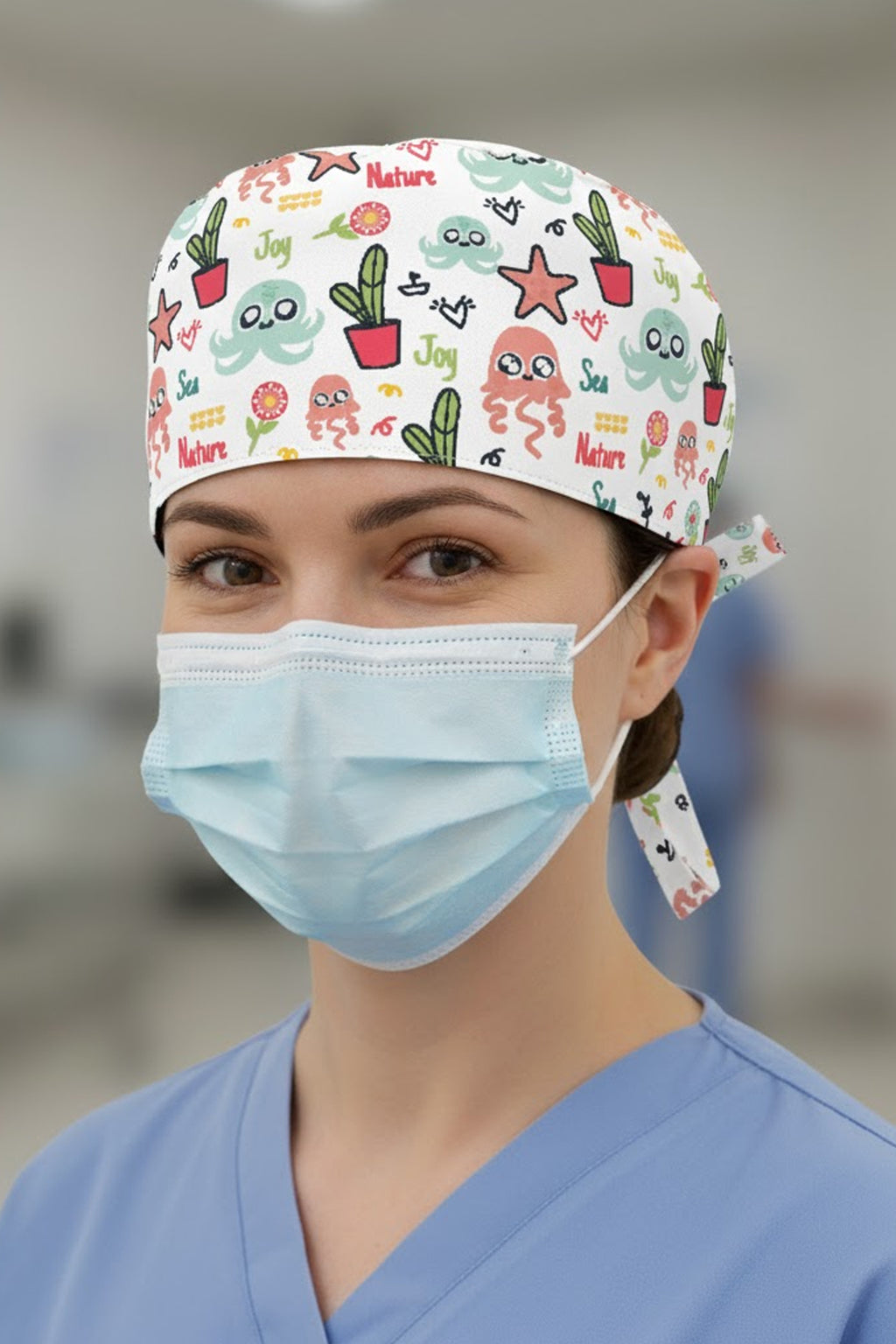 Kaktüs Ahtapot Desenli Cerrahi Bone Unisex – Likralı Doktor Hemşire Bonesi - Kaktüs Ahtapot