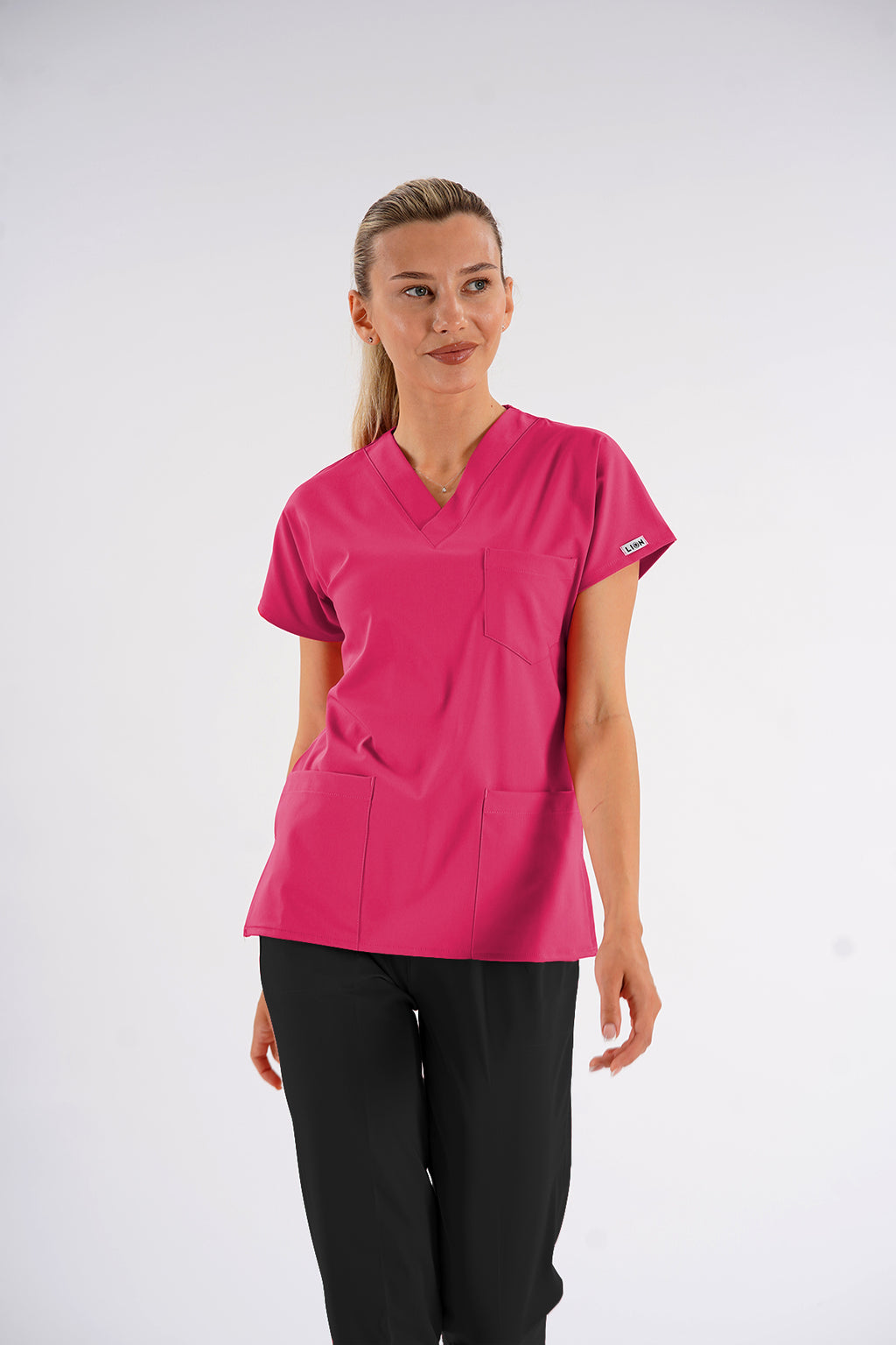 Fuşya Dr.Greys Modeli Soft Likralı Hemşire Doktor Forması Scrubs Tek Üst Unisex Yarasa Kol