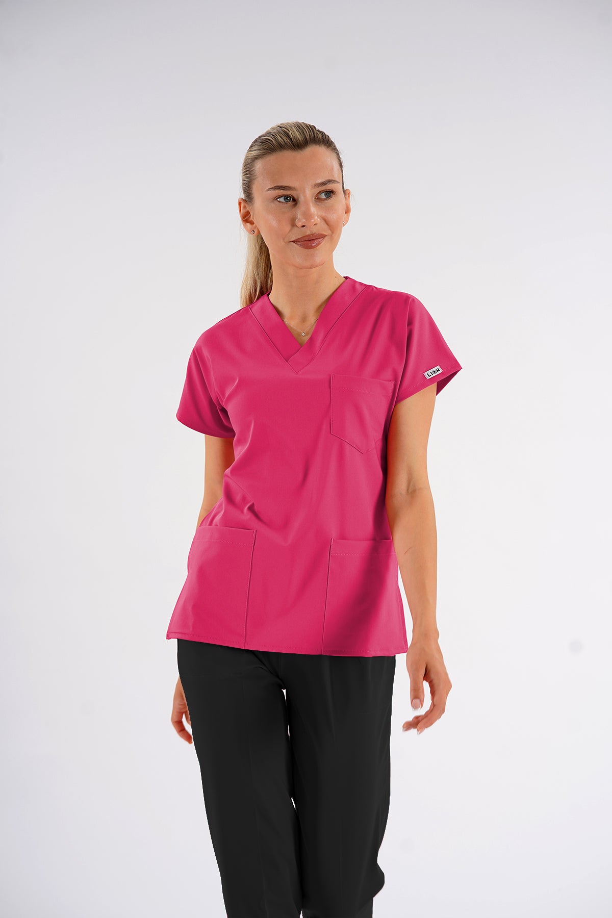 Fuşya Dr.Greys Modeli Soft Likralı Hemşire Doktor Forması Scrubs Tek Üst Unisex Yarasa Kol