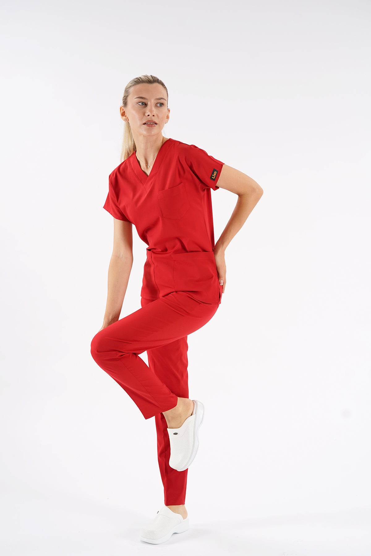 Kırmızı Dr. Greys Modeli Likralı Hemşire Forması Unisex Yarasa Kol Doktor Scrubs Hastane Takımı